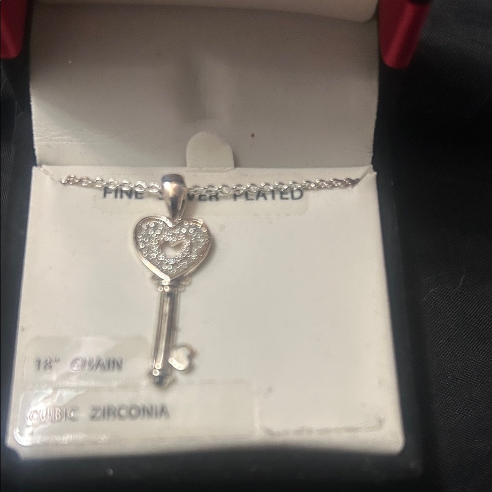 Silver Heart Key Necklace with Cubic Zirconia
